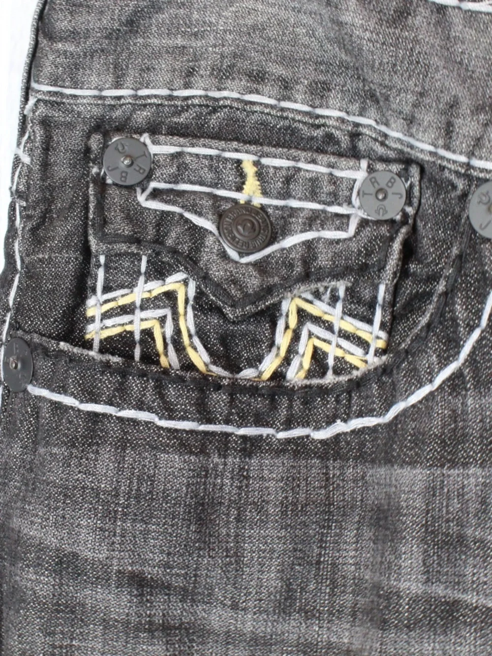 True Religion Ricky Super T Black Grey Jeans Size 42 White Yellow Stitch NWT